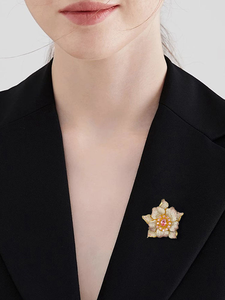 A European and American heavy industry high-end design light luxury full of zirconium micro-inlaid pink gemstone peony flower brooch fashionable versatile pin batch - Mixbatch
