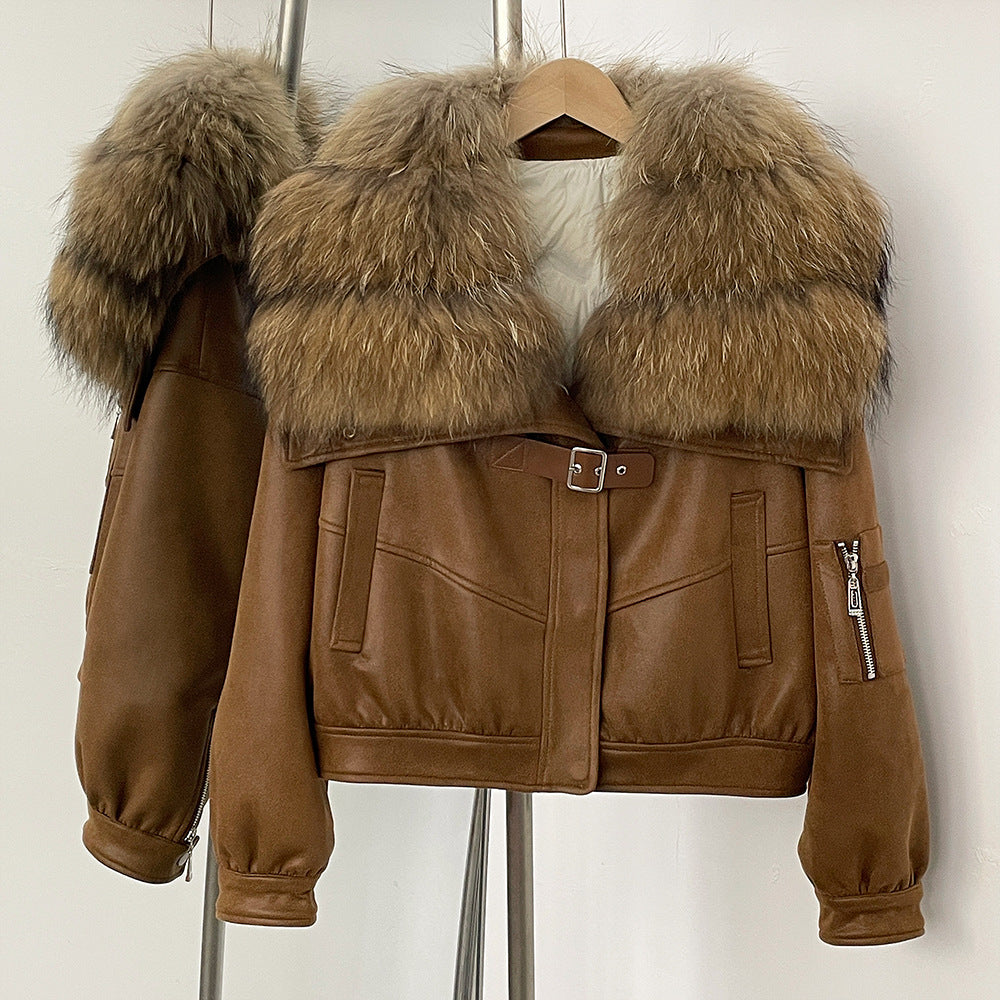 A winter new short real fox fur collar suede fur jacket female Korean version fur integrated down liner