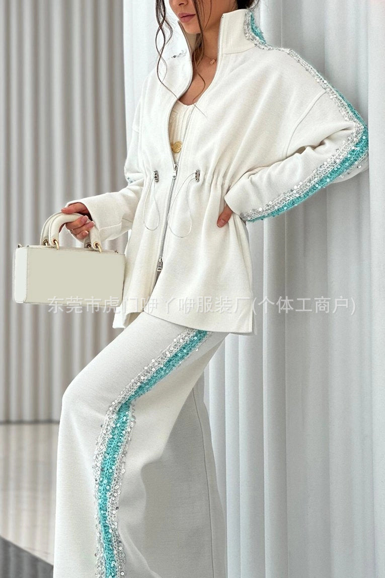 A Fashion Drawstring Waist Top Wide Leg Pants Two-piece Set