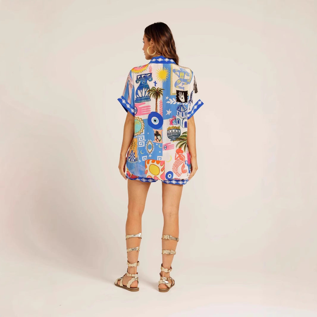 A summer cross-border fashion and casual versatile positioning printed cardigan shirt shorts set 68657