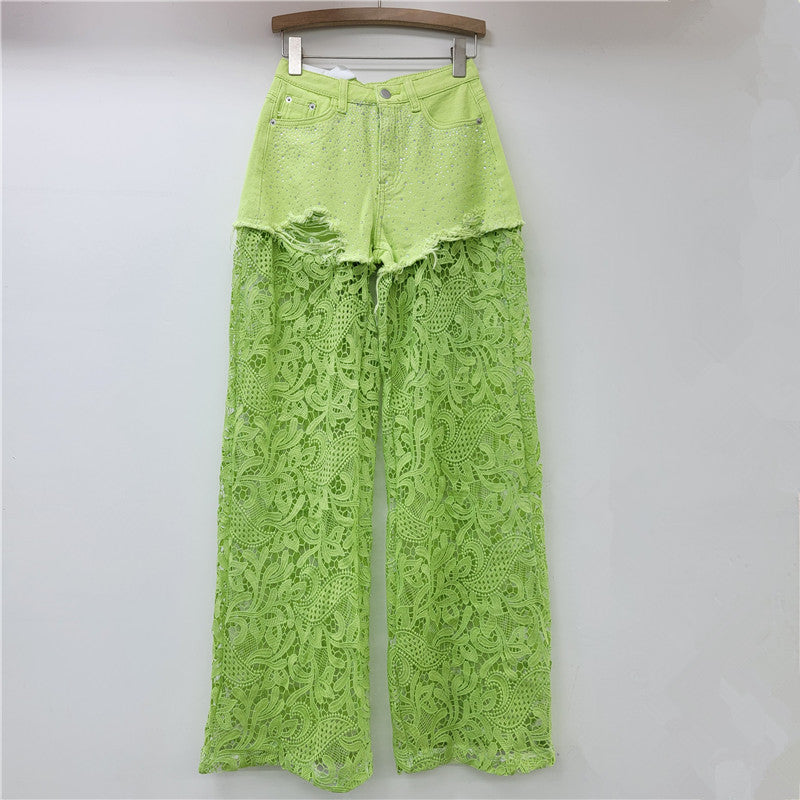 A Pink Lace Splicing Heavy Industry Hot Diamond Wide Leg Pants Women