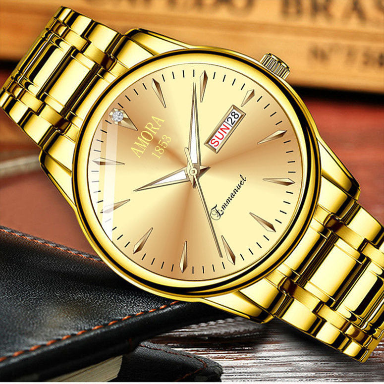 A new quartz watch men's double calendar automatic waterproof luminous business steel belt watch