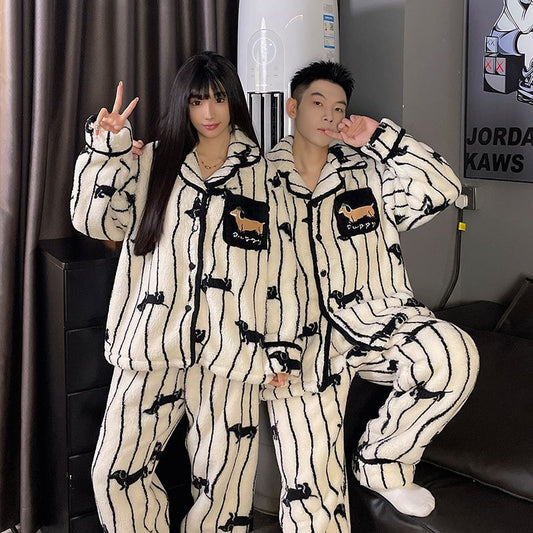 A autumn and winter coral fleece couple pajamas fleece thickened warm cartoon cardigan lapel can be worn outside loungewear set