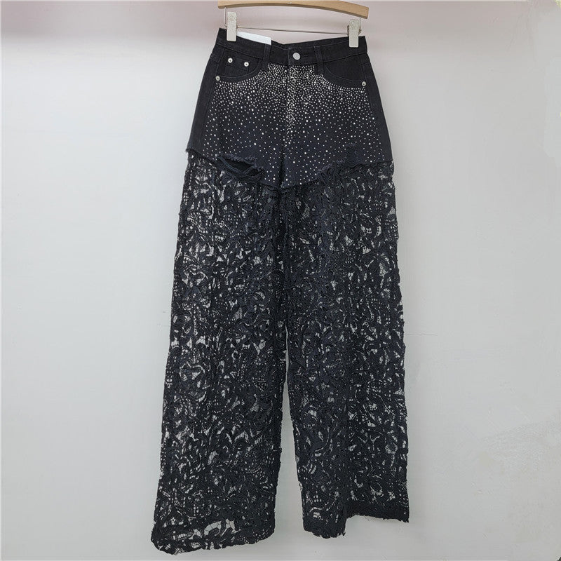 A Pink Lace Splicing Heavy Industry Hot Diamond Wide Leg Pants Women