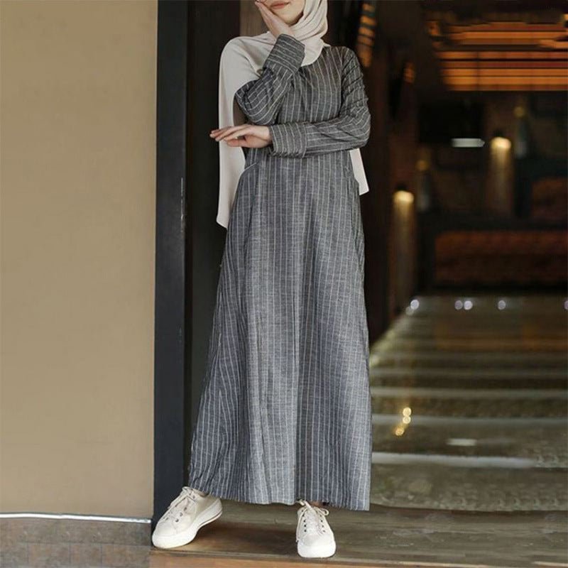 Middle East clothing Muslim women's cross-border supply of literature and art, retro national style, cotton and linen pullover, round neck A-shaped dress, dress - Mixbatch