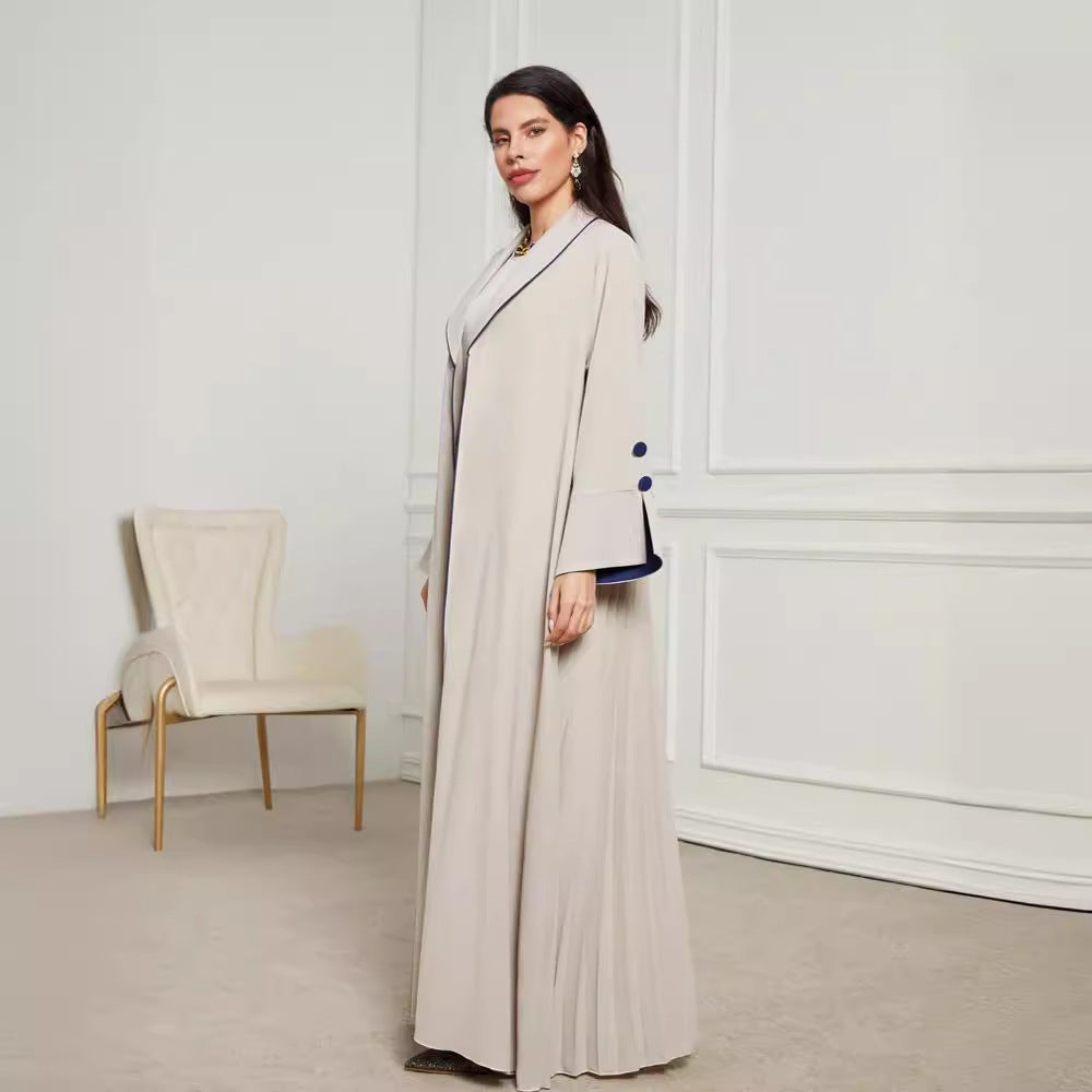2024 New pleated Middle Eastern Muslim clothing long dress fashionable and elegant cardigan contrasting color button dress robe - Mixbatch