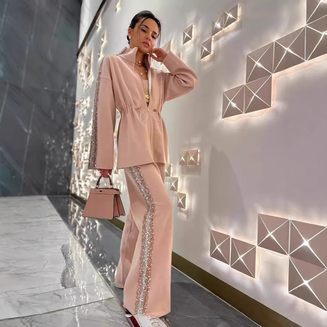 A Fashion Drawstring Waist Top Wide Leg Pants Two-piece Set