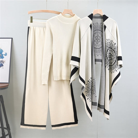 A long-sleeved knitted sweater + shawl + pants three-piece set