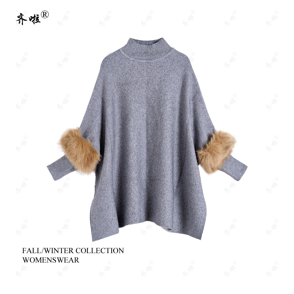 A turtleneck pullover cape knitted sweater simulation fur fur sleeve sweater large size bottoming shirt jacket women