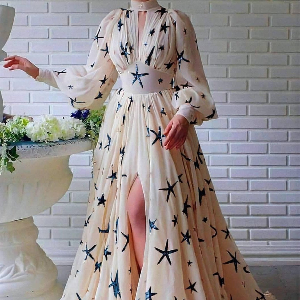 A new multi-color semi-turtleneck sequined slit lantern sleeve pendulum dress chiffon dress