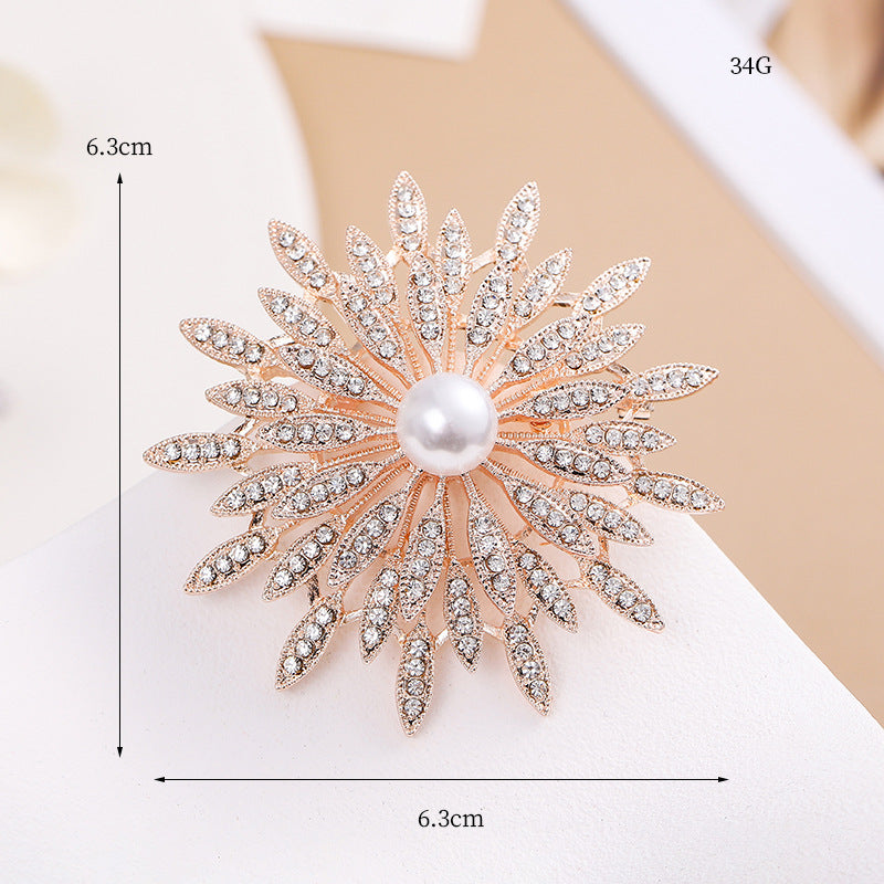 A hot-selling gold sunflower brooch creative diamond-encrusted pearl versatile temperament brooch blazer collar pin with accessories - Mixbatch