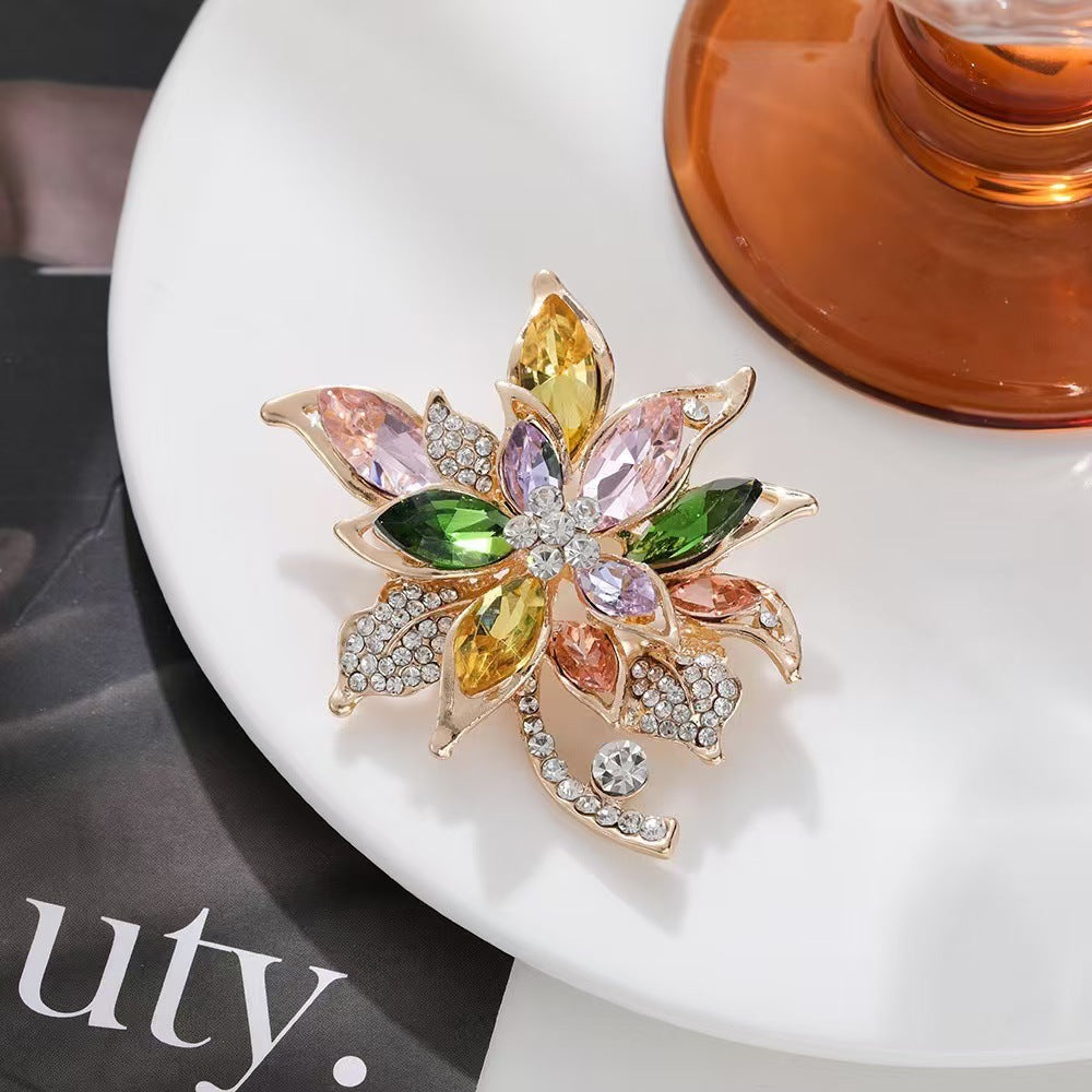 A color zirconium hibiscus brooch high-end femininity crystal brooch coat retro exquisite luxury pin accessories gift - Mixbatch