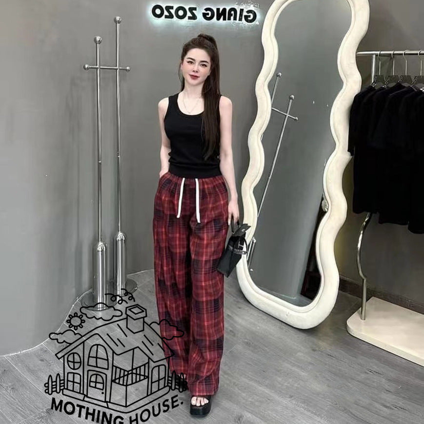 A sports suit women's summer new solid color sleeveless vest top with plaid wide-leg pants casual two-piece trendy