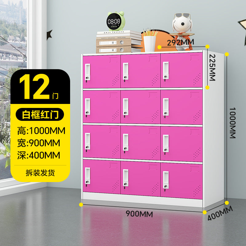 A colorful metal storage locker for school classrooms