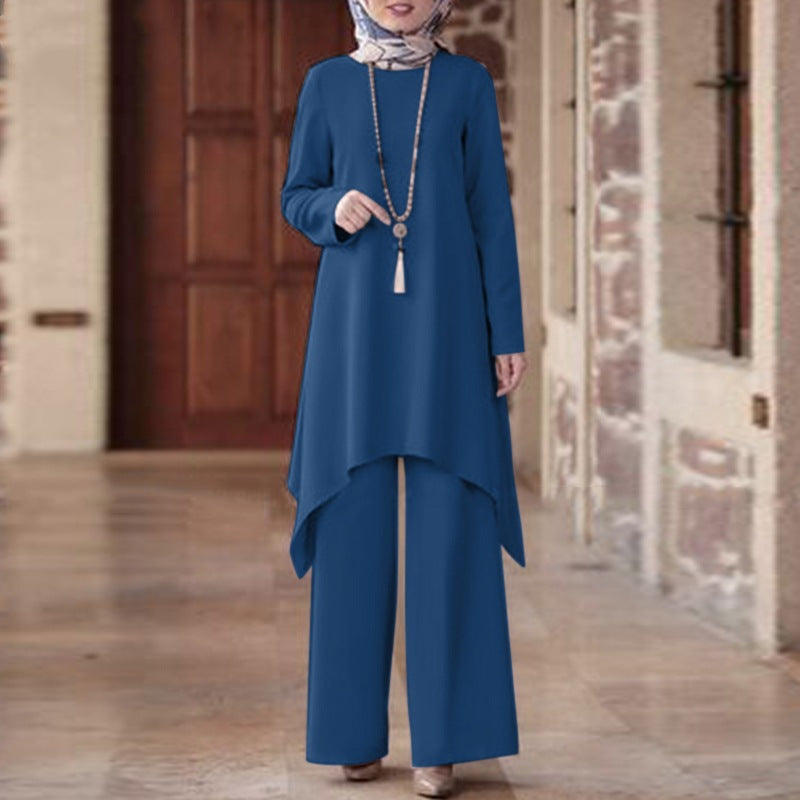 A Muslim women's clothing Middle East cross-border spring and autumn solid color round neck pullover skirt trousers fashion casual suit