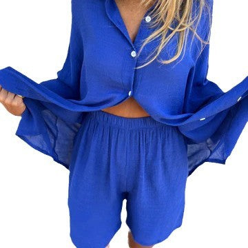 A Cross-border Europe, America, Amazon's new women's clothing casual solid color cotton and linen shorts long-sleeved wrinkled cloth shirt two-piece set