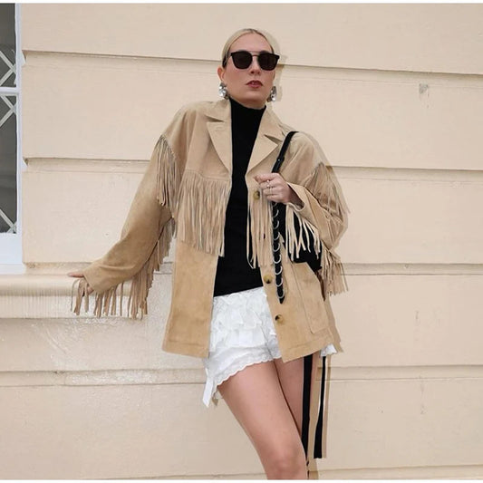 A women's jacket with fringed long sleeves