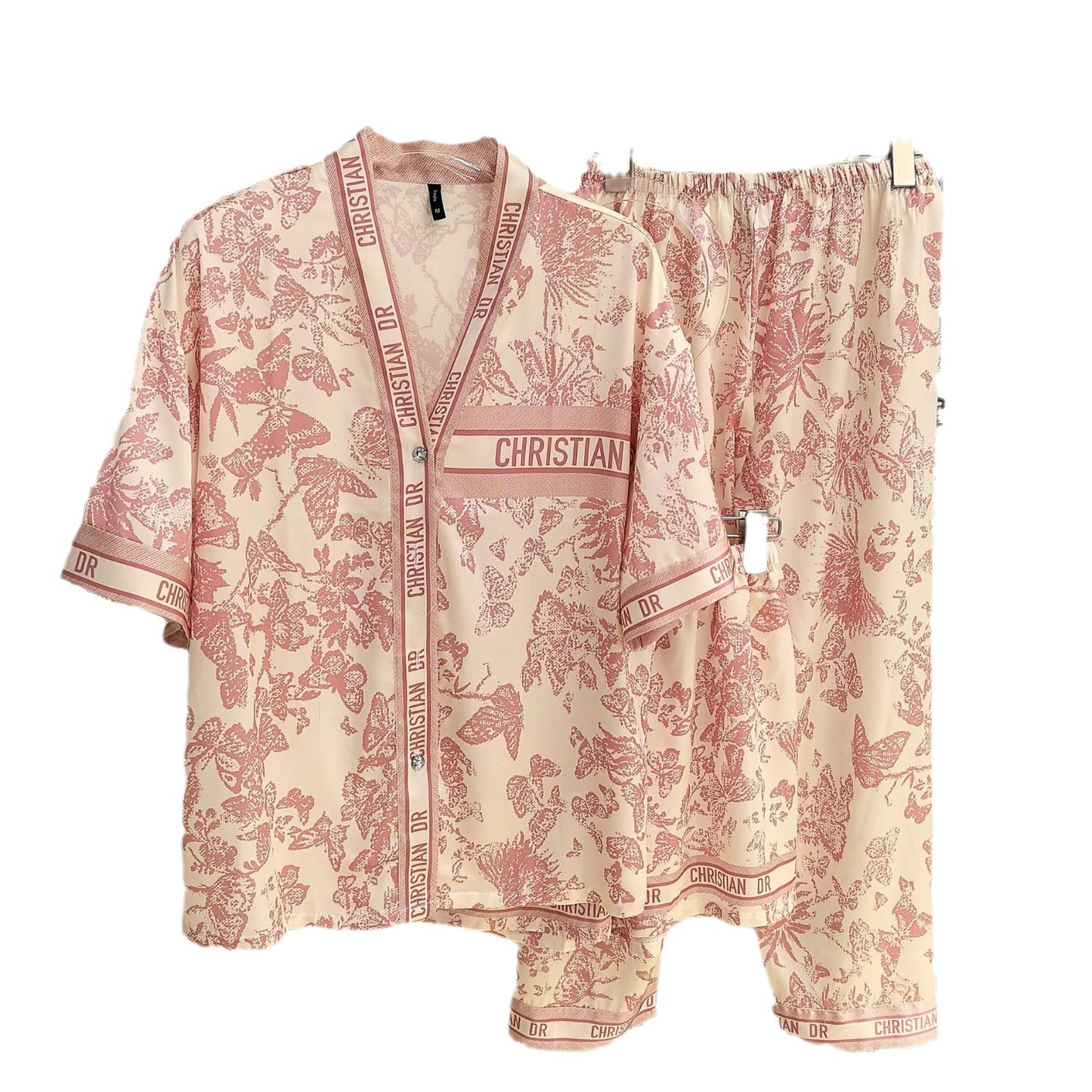 A butterfly three-piece pajamas spring and summer large size thin loose ice silk women's short-sleeved trousers set sweet and can be worn outside