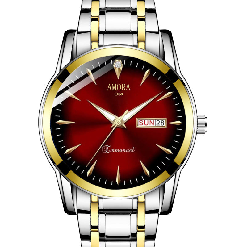 A new quartz watch men's double calendar automatic waterproof luminous business steel belt watch