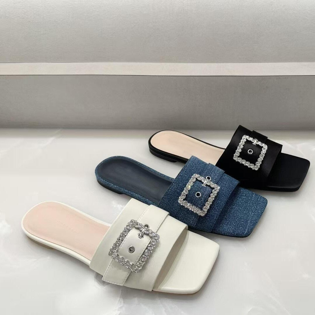 A casual slippers bright diamond square buckle flat bottom women's sandals