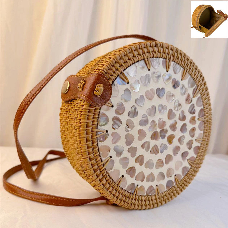 A rattan bag ins diagonal span mini bag Mori basket retro literary woven round bag vacation bucket bag leather buckle bag