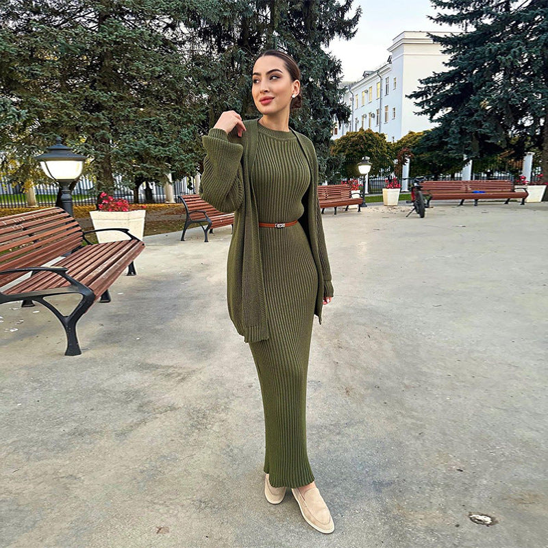A knitted jacket skirt set with belt