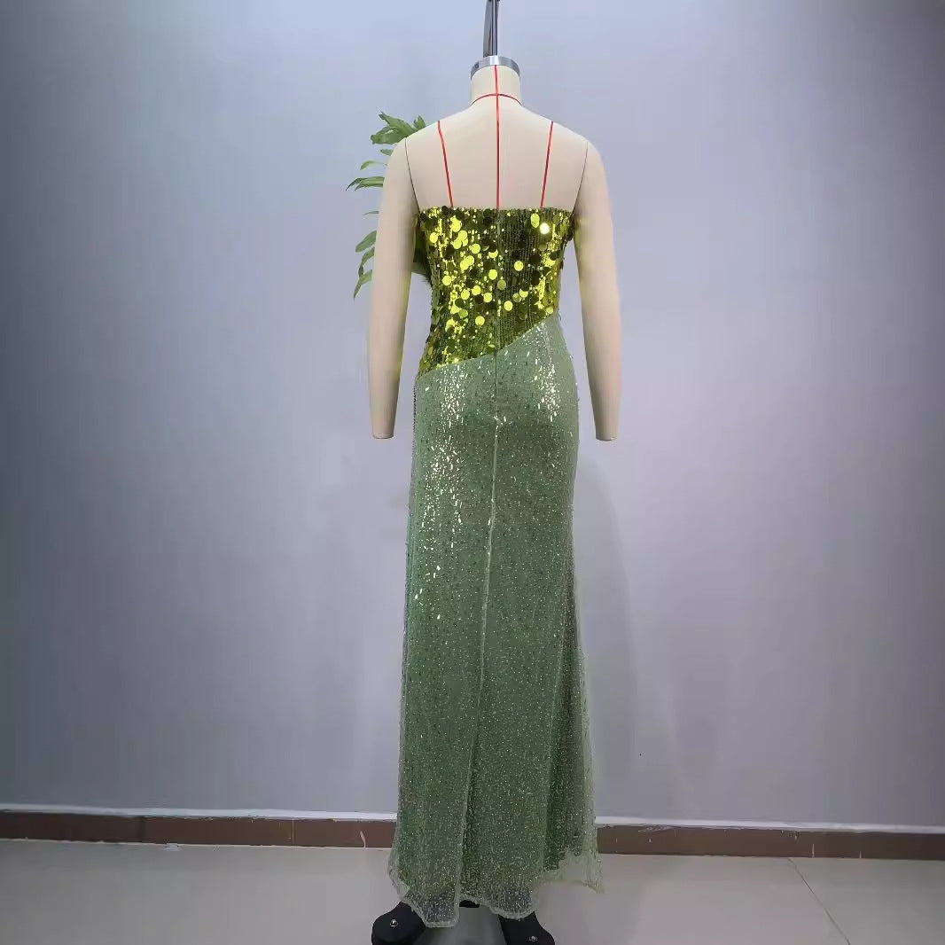 A green sequined luxury feathers sexy high split tube top dress haute couture dinner red carpet performance dress