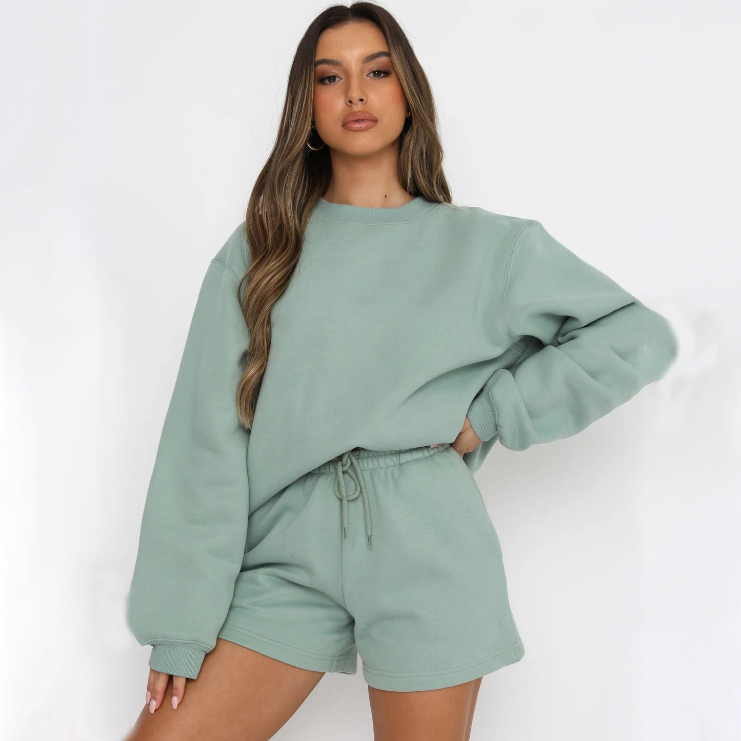 A solid color loose and versatile casual crew neck sweater shorts set - Mixbatch