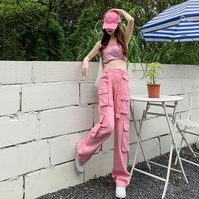 Pink cool overalls for women in spring high waist slim loose straight leg popular casual wide leg jeans