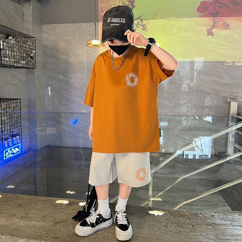 P boys summer suit new middle-aged and older boys children summer two-piece set short-sleeved handsome clothes