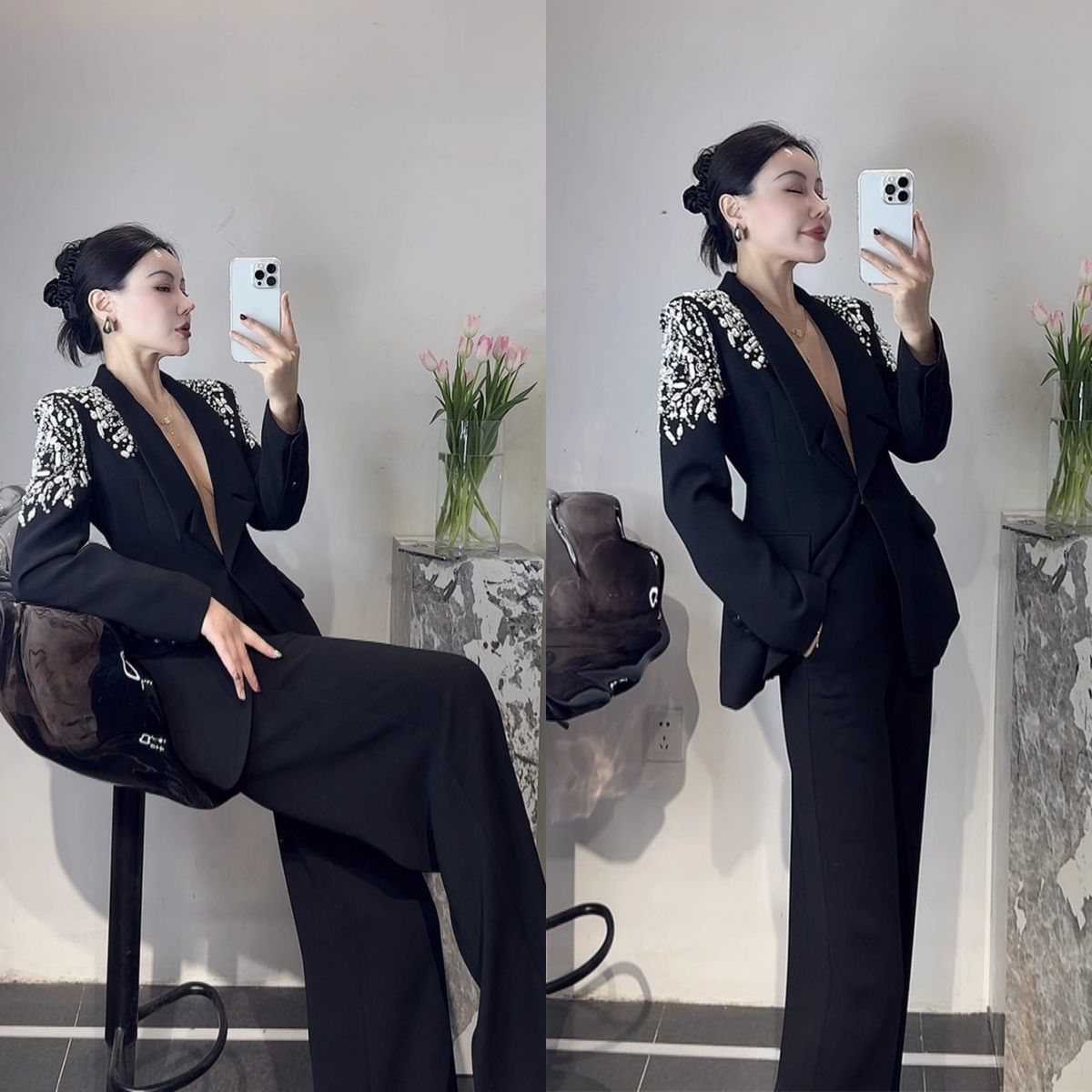 P Korean version of light luxury heavy industry hot diamond suit trousers suit fashion temperament high foreign style two-piece set tide