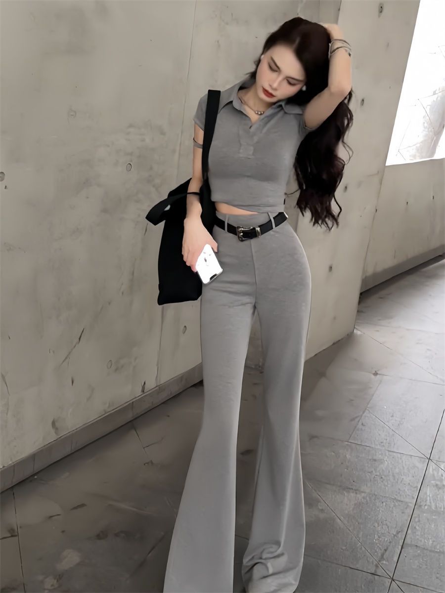 P summer new Spice Girl design short top + high waist and thin pants