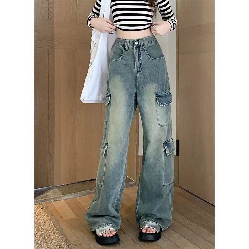 A American retro tooling jeans women's autumn new loose high-waisted and thin straight wide-leg pants floor-mopping trousers