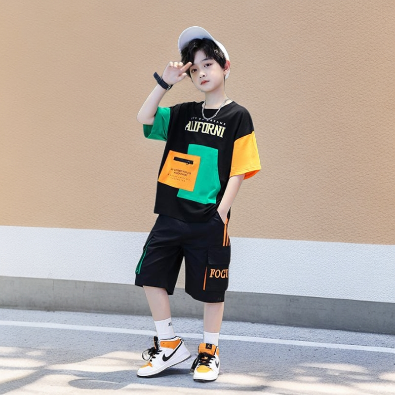 P boys summer suit popular foreign Korean version medium and older boys handsome summer short-sleeved two-piece set for children
