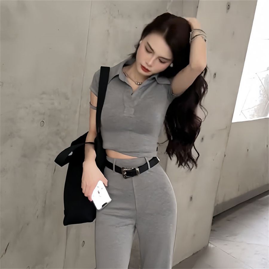 P summer new Spice Girl design short top + high waist and thin pants