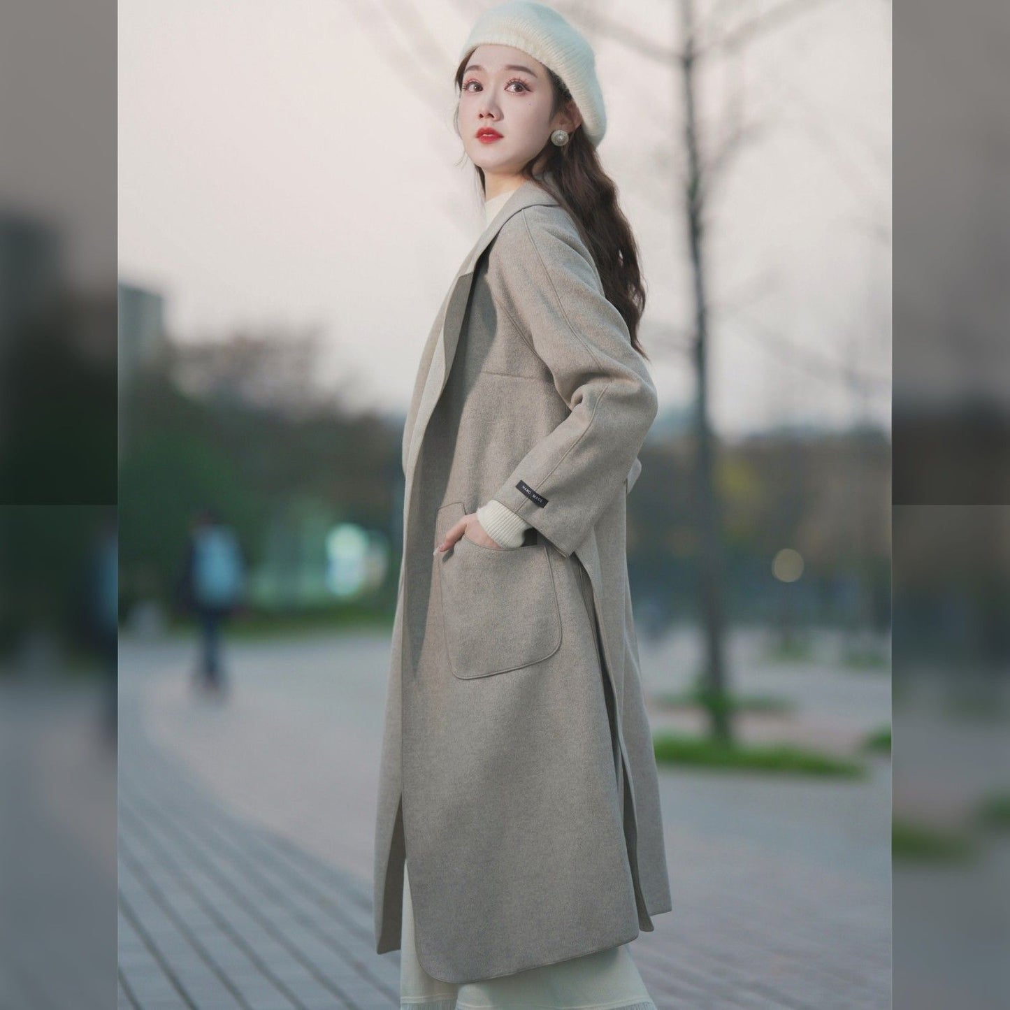 P long double-sided woolen coat fashionable waist woolen coat women's coat trendy coat