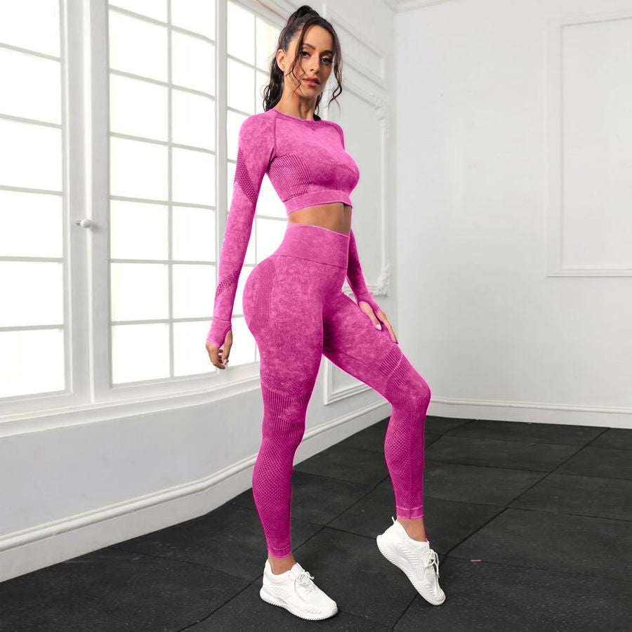 P new fashion washed hip lift high waist sports fitness pants two-piece set mesh tight long sleeve yoga fitness set