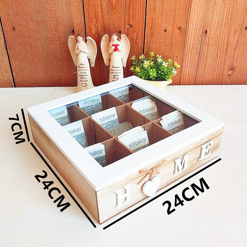 A Nordic retro desktop tea bag box storage box wooden nine-grid tea bag finishing box creative home decoration