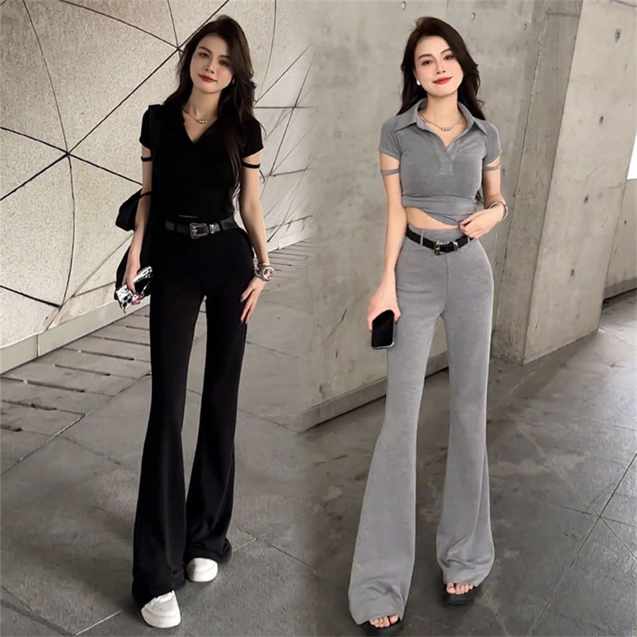 P summer new Spice Girl design short top + high waist and thin pants