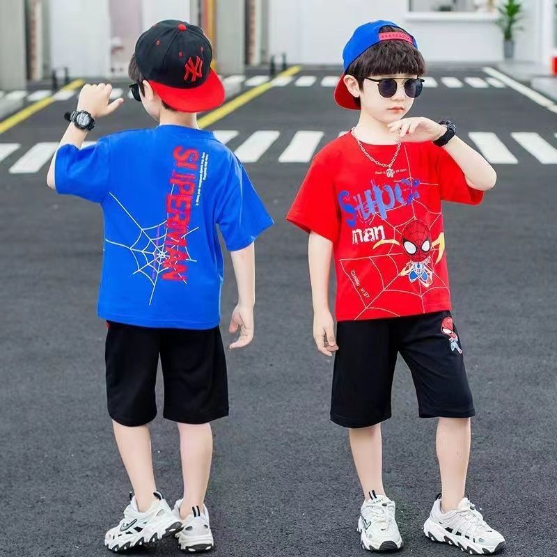P pure cotton boys summer suit new spider-man children's short-sleeved casual two-piece set Korean version two-piece set tide