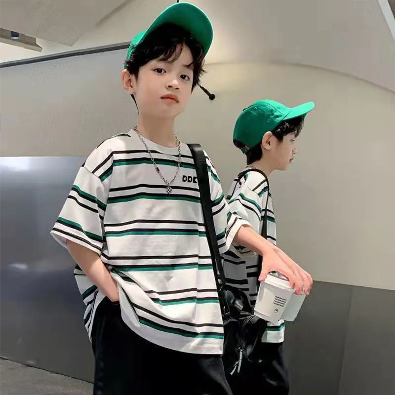 P boys summer short-sleeved set new striped half-sleeved medium and older children loose pure cotton two-piece set Korean version handsome