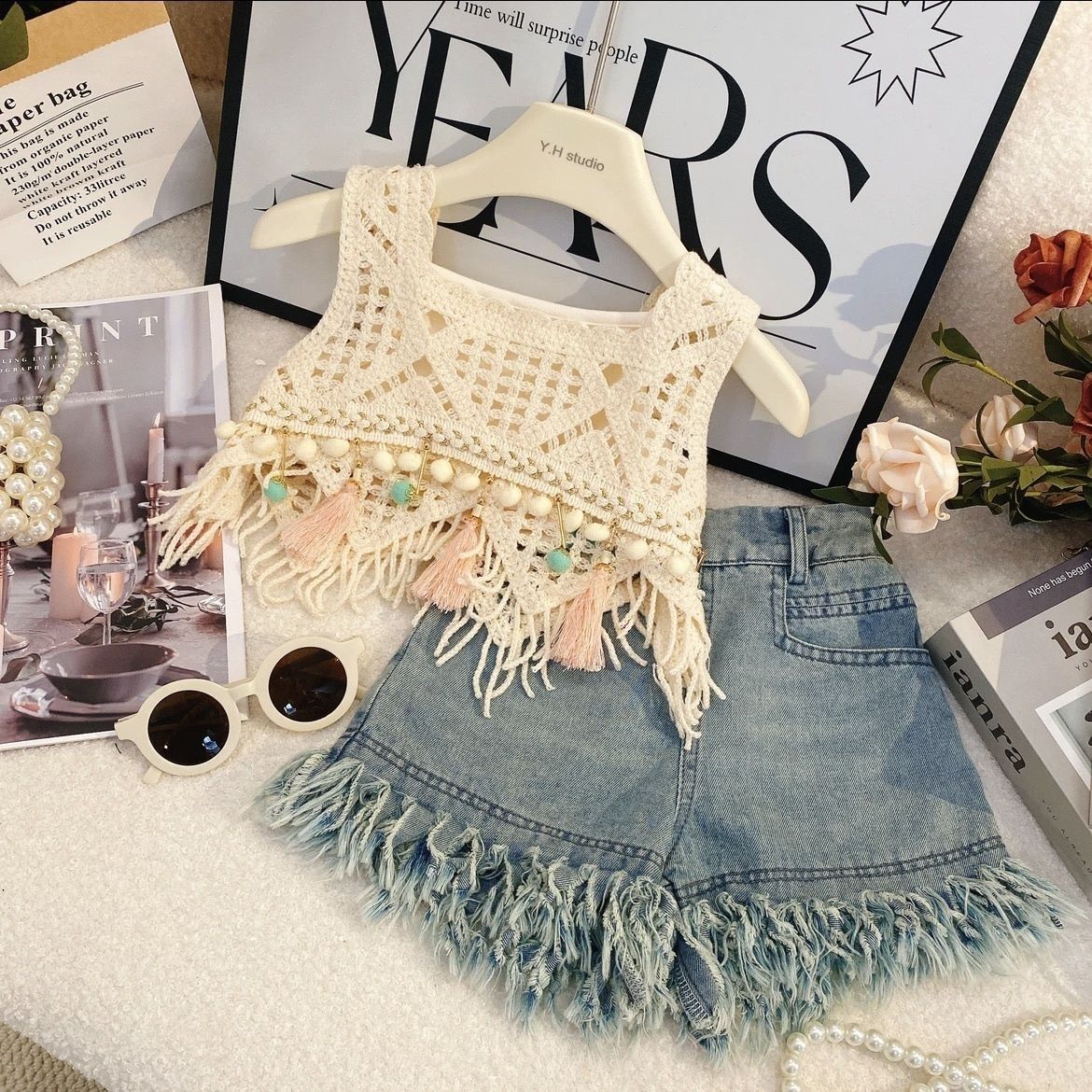 P children's explosive hollow vest sling children's denim shorts three-piece set