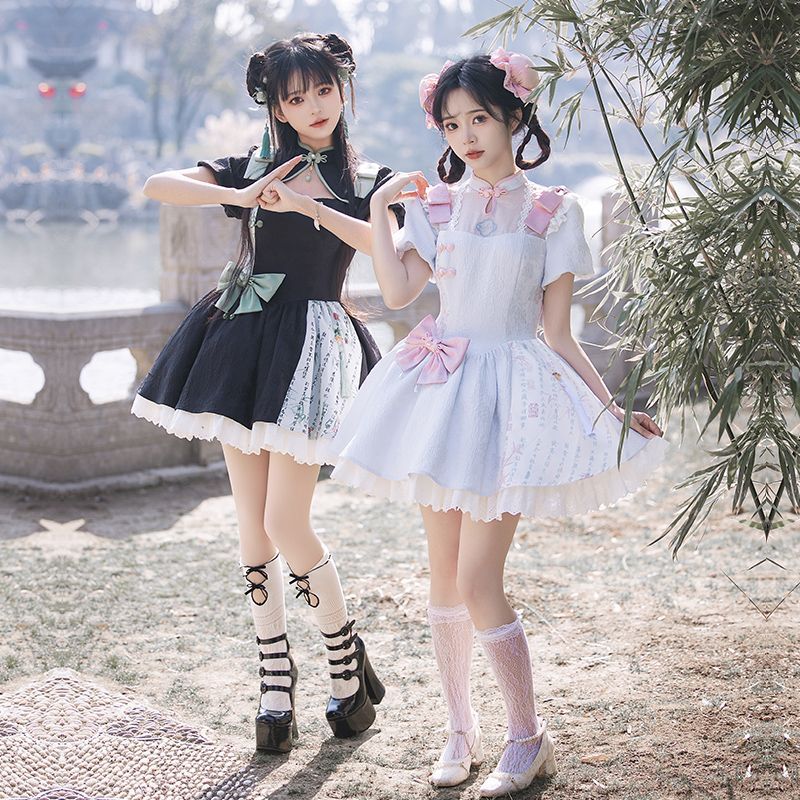 P withpuji original design Chinese style embroidered print sleeve cheongsam lolita summer