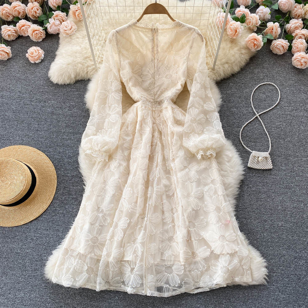 P Gentle Wind Feminine Flavor Waist Skinny Long Sleeve First Love Skirt A-word Skirt Elegant Temperament V-Neck Lace Even...