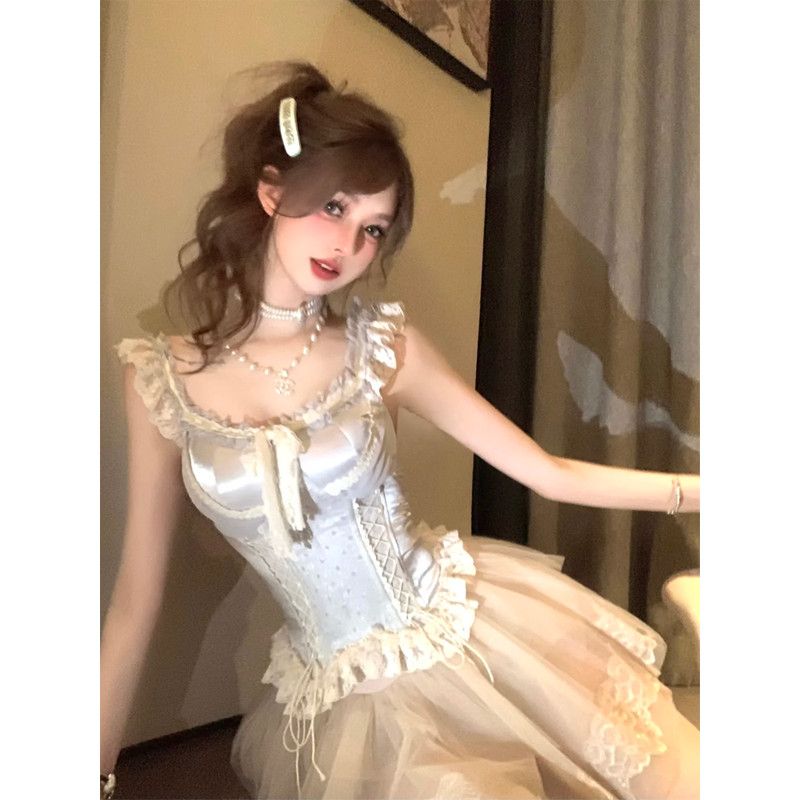 P A complete set of women's French lace bow splicing design top fluffy skirt set