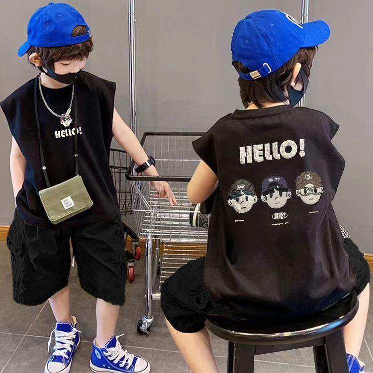 P boys pure cotton vest new set children's baby two-piece set summer trendy children's handsome thin sleeveless