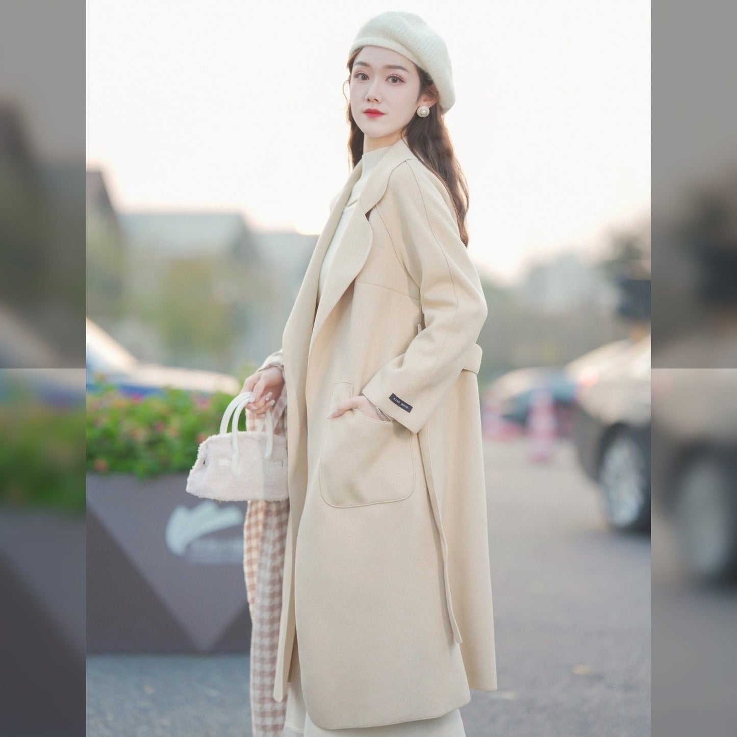 P long double-sided woolen coat fashionable waist woolen coat women's coat trendy coat