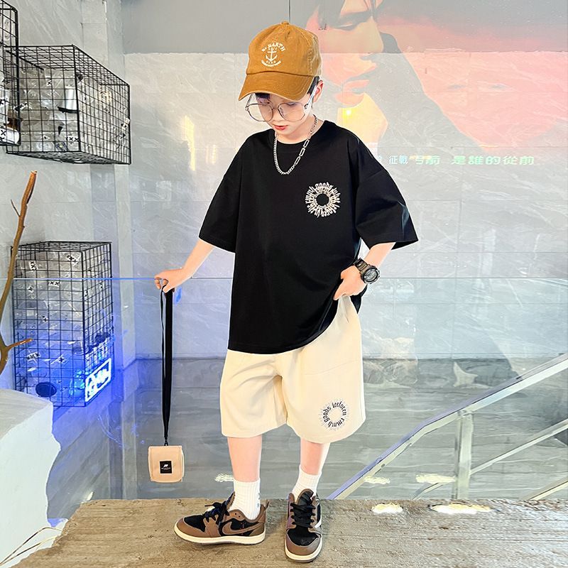 P boys summer suit new middle-aged and older boys children summer two-piece set short-sleeved handsome clothes