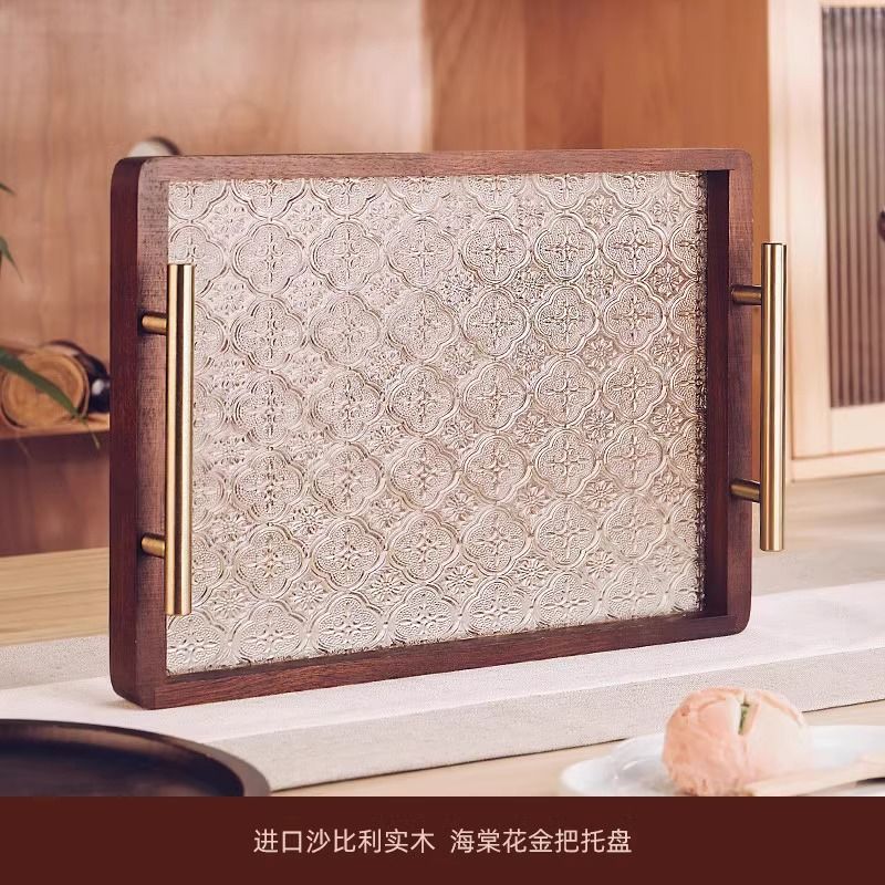 P Solid wood glass tray Small household rectangular walnut solid wood cup storage Fruit living room coffee table Tea snack plate
