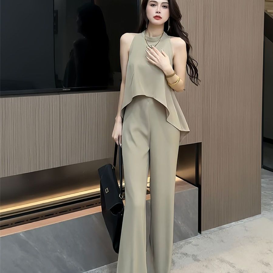 A new high-end neck sleeveless top high-waisted wide-leg pants two-piece set - Mixbatch